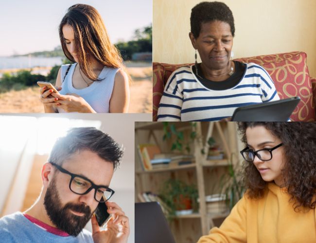 Four people: one texting, one on a phone call, one using a tablet, and one on a laptop